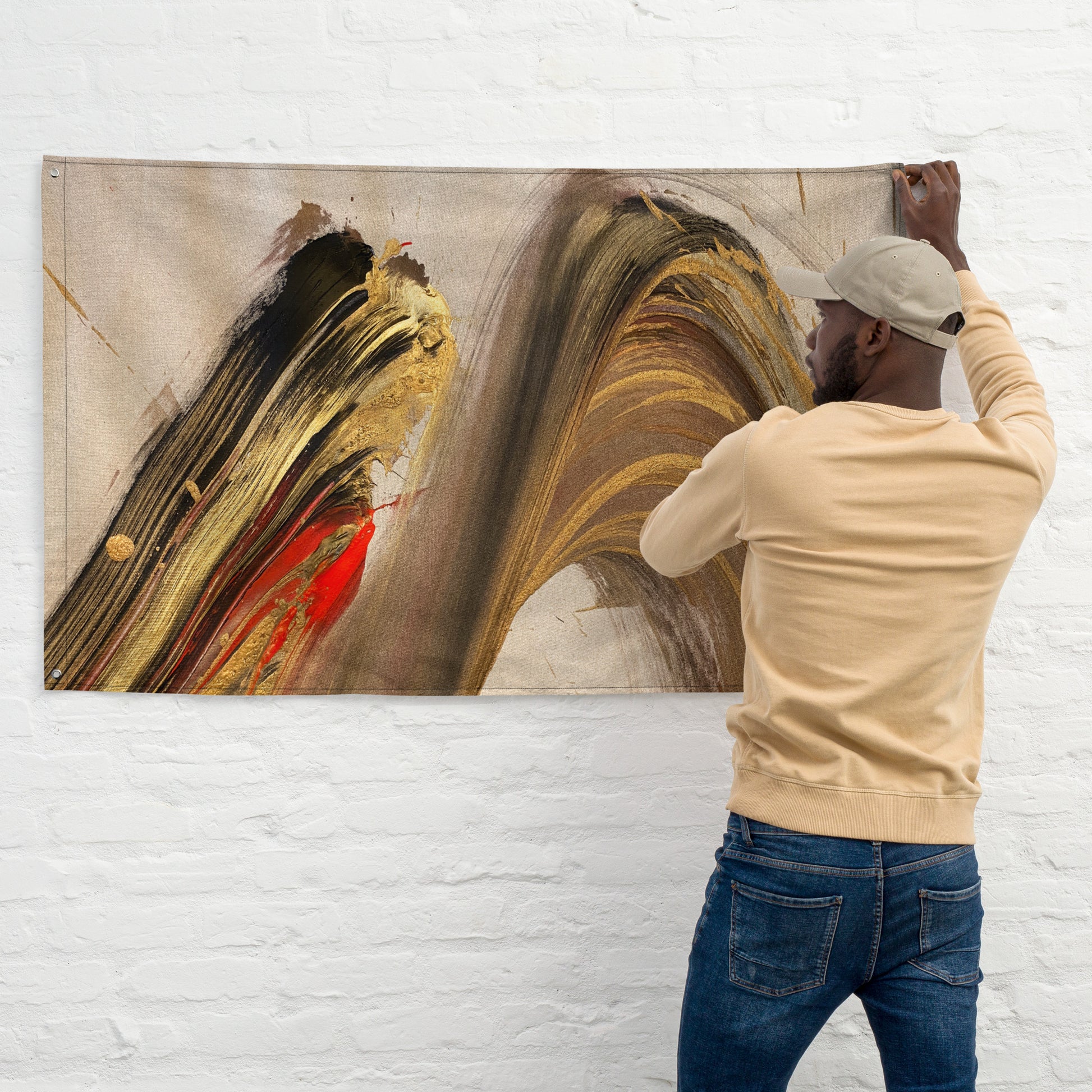 print of abstract painting in black red and gold suitable as a very uncommon flag.